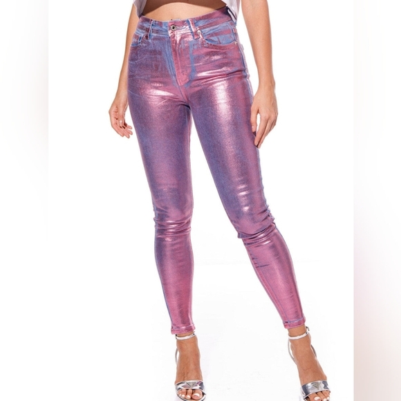 Women's High Rise Metallic Skinny Ankle Jeans Purple - Picture 1 of 12